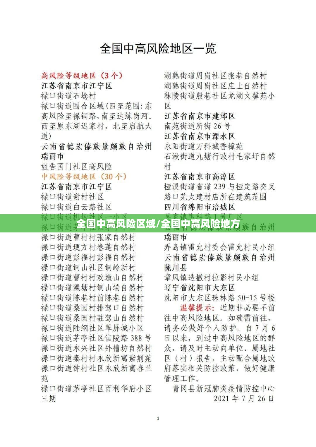 全国中高风险区域/全国中高风险地方 全国中高风险区域/全国中高风险地方