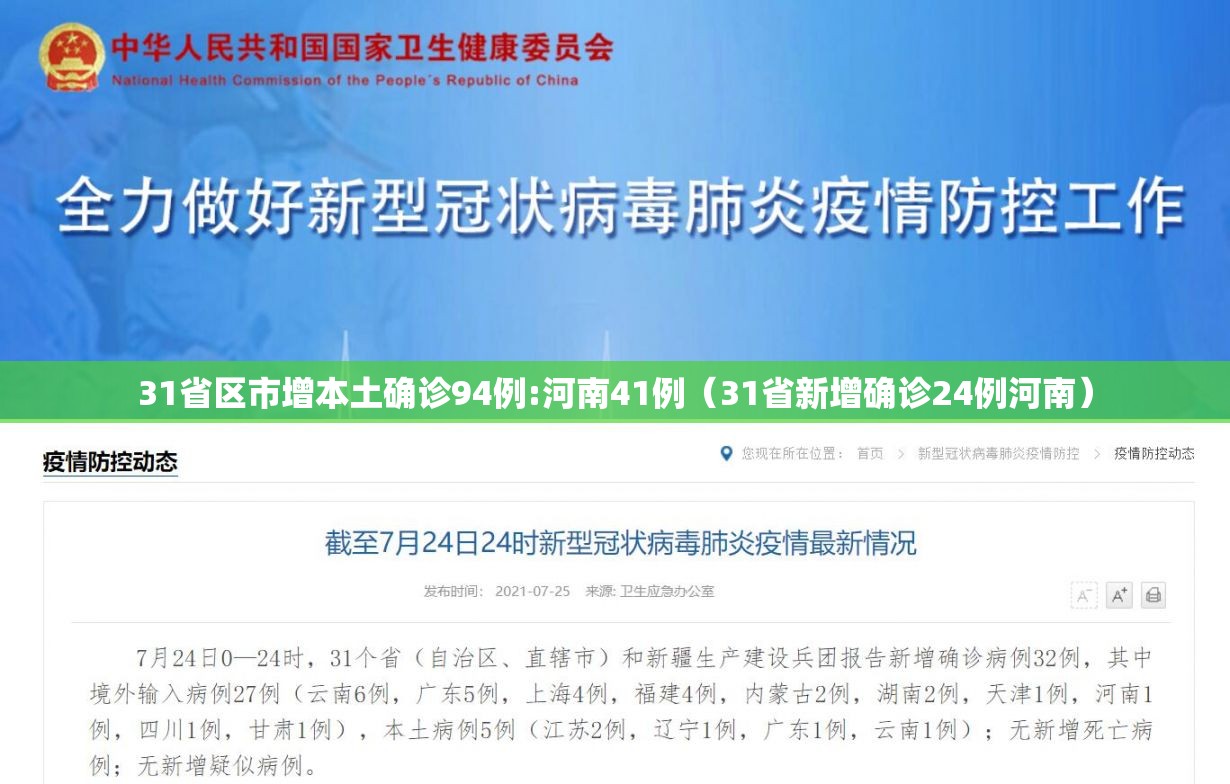31省区市增本土确诊94例:河南41例（31省新增确诊24例河南）