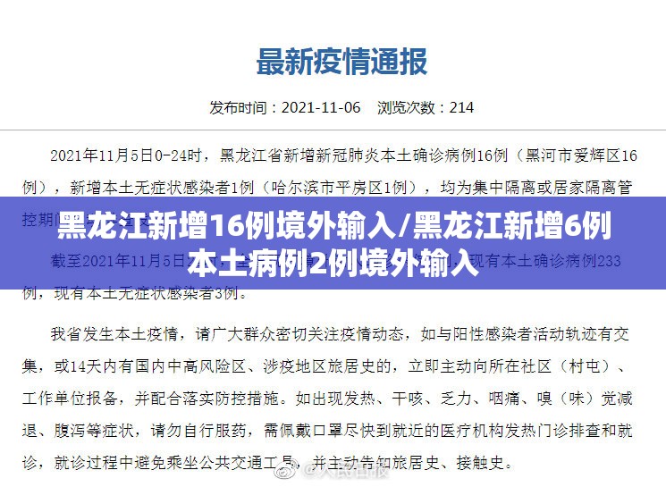 黑龙江新增16例境外输入/黑龙江新增6例本土病例2例境外输入
