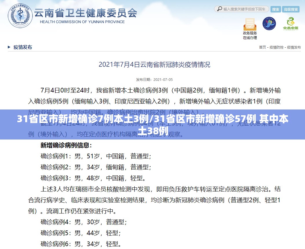 31省区市新增确诊7例本土3例/31省区市新增确诊57例 其中本土38例