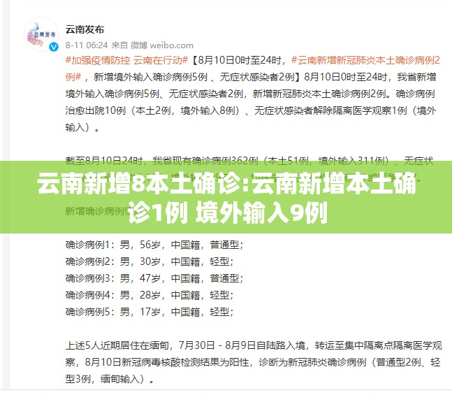 云南新增8本土确诊:云南新增本土确诊1例 境外输入9例