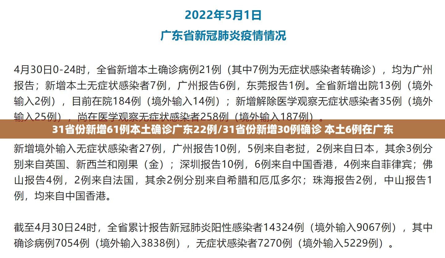 31省份新增61例本土确诊广东22例/31省份新增30例确诊 本土6例在广东