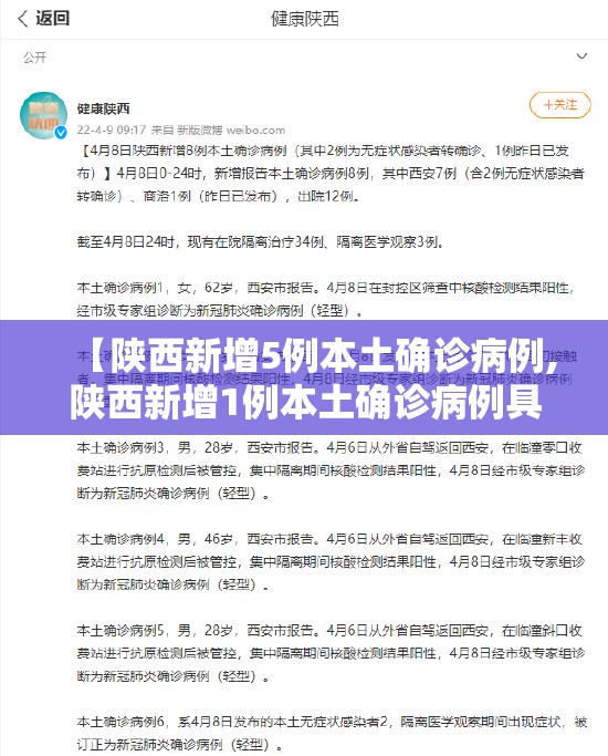 【陕西新增5例本土确诊病例,陕西新增1例本土确诊病例具体情况】 【陕西新增5例本土确诊病例,陕西新增1例本土确诊病例具体情况】