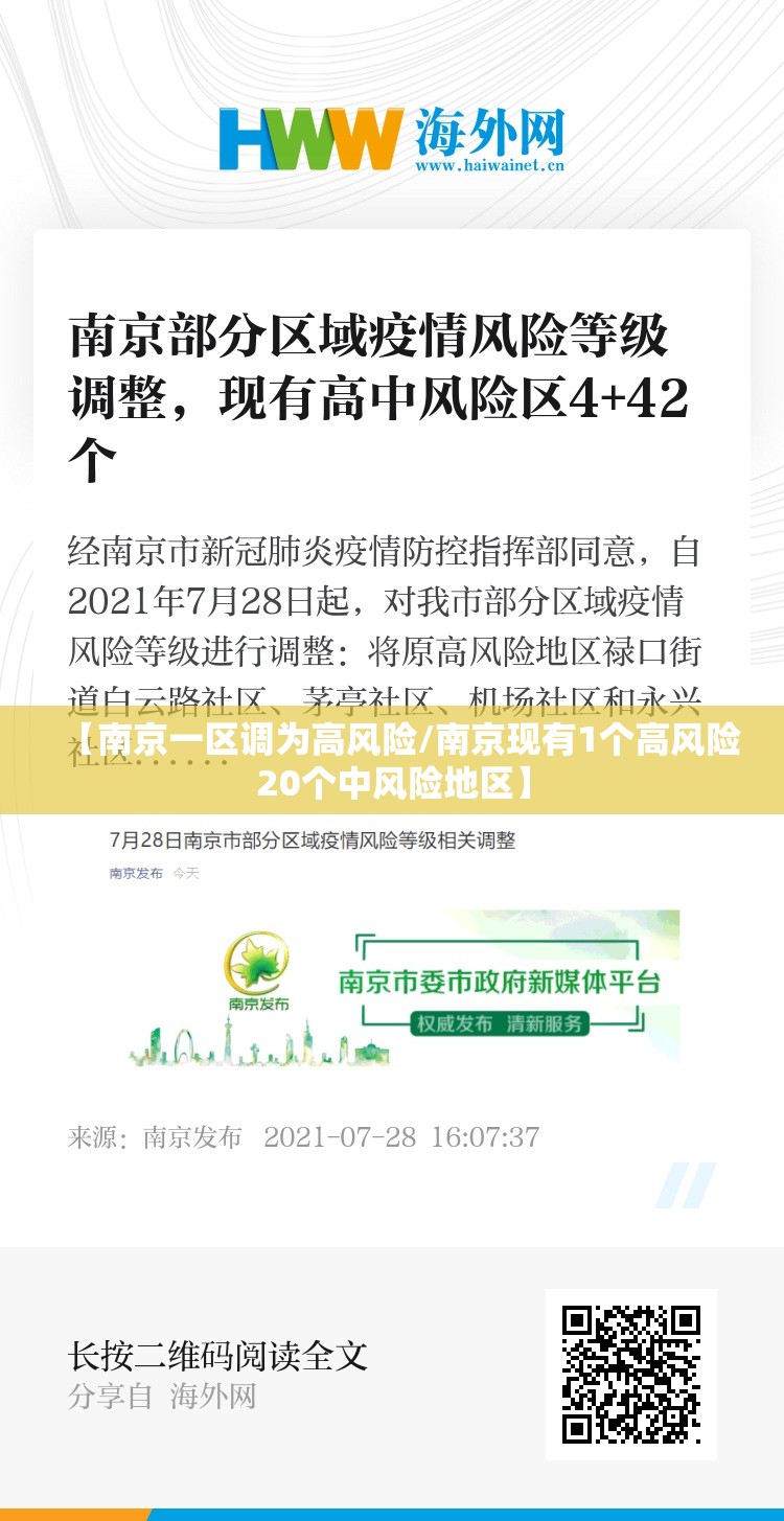 【南京一区调为高风险/南京现有1个高风险20个中风险地区】 【南京一区调为高风险/南京现有1个高风险20个中风险地区】