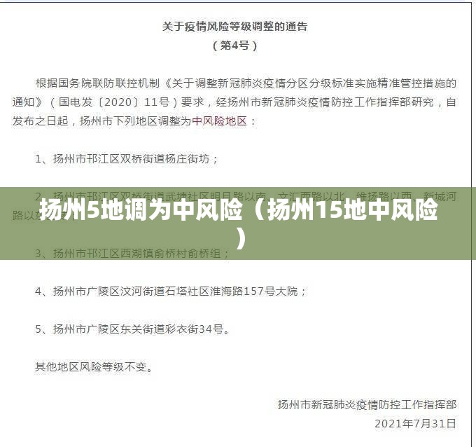 扬州5地调为中风险(扬州15地中风险) 扬州5地调为中风险(扬州15地中风险)